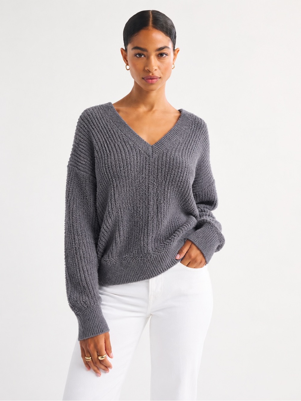 Sincerely Jules Charcoal V-Neck Ribbed Knit Sweater
